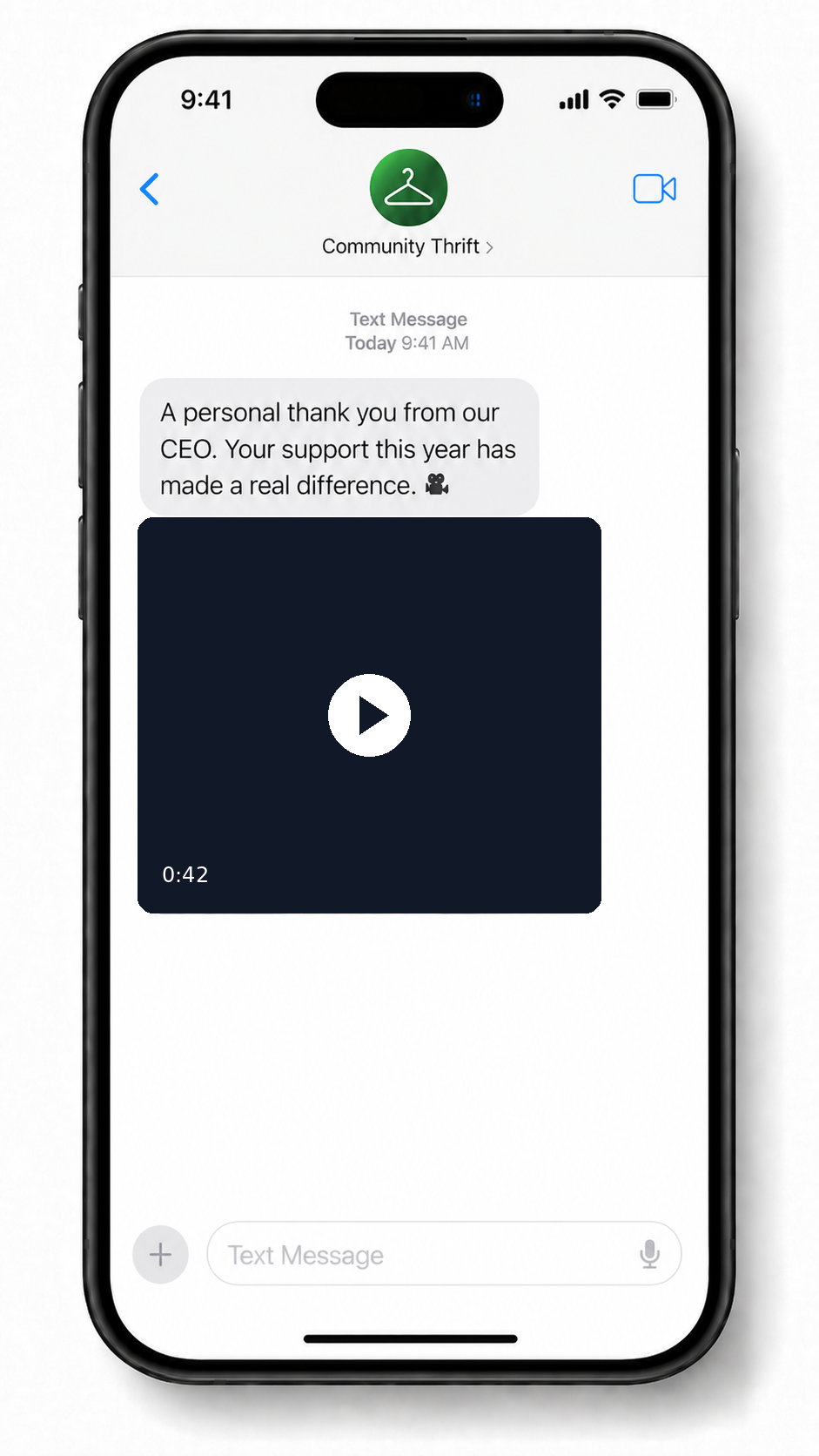 SMS showing CEO thank you video message