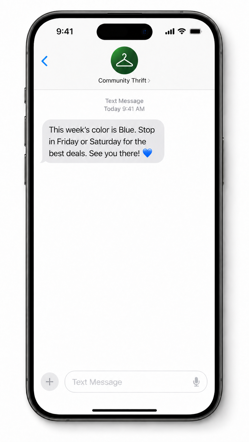 SMS showing weekly color message: This week's color is Blue